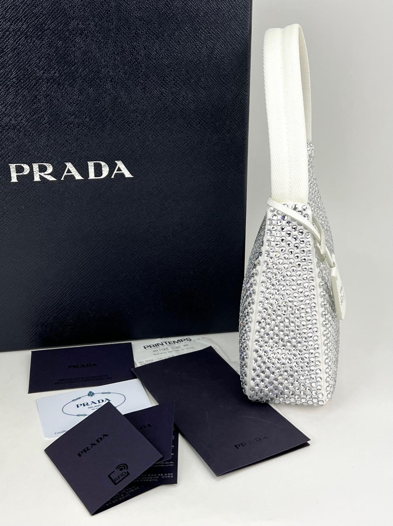 Prada Hand Bag Re Edition 2000 Satin White Mini-Bag with Crystals Bag New In New Condition In Freehold, NJ