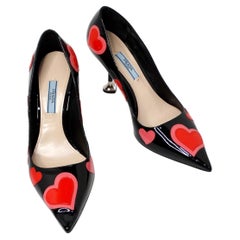 Prada Heart Print Patent Leather Pumps With Heart Shaped Heel