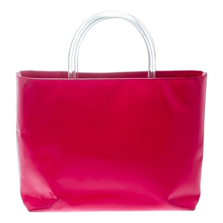Prada Hot Pink Patent Leather Clear Handle Tote