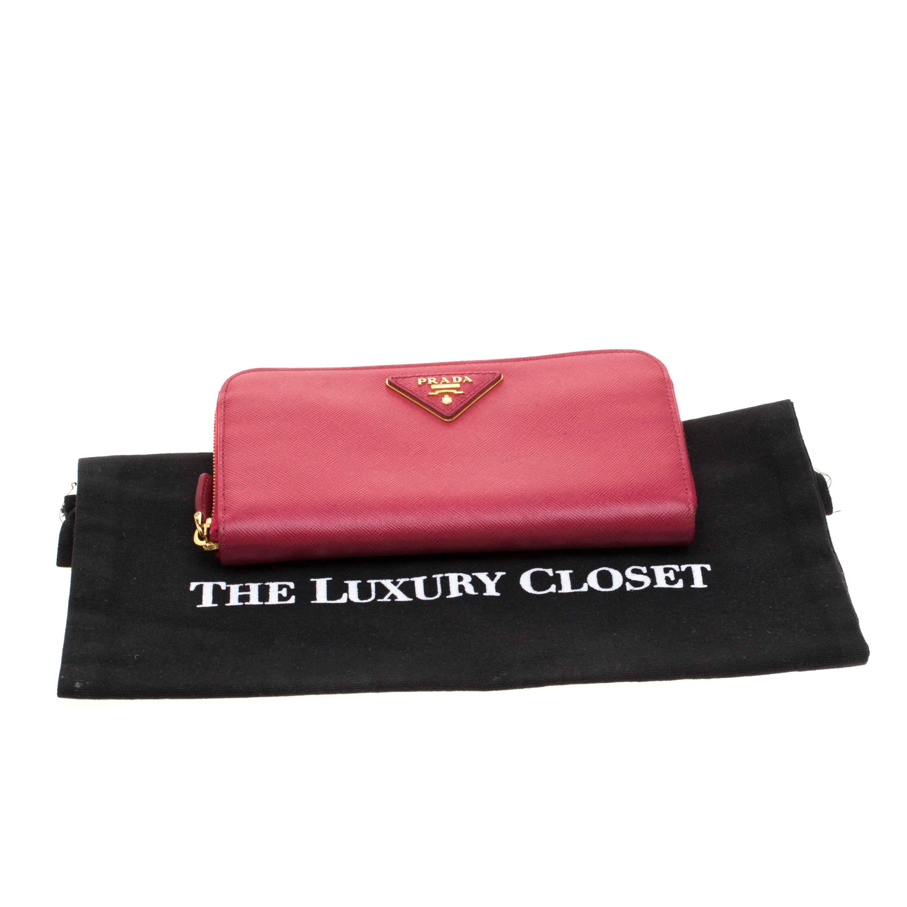 Prada Hot Pink Saffiano Leather Zip Around Wallet 4