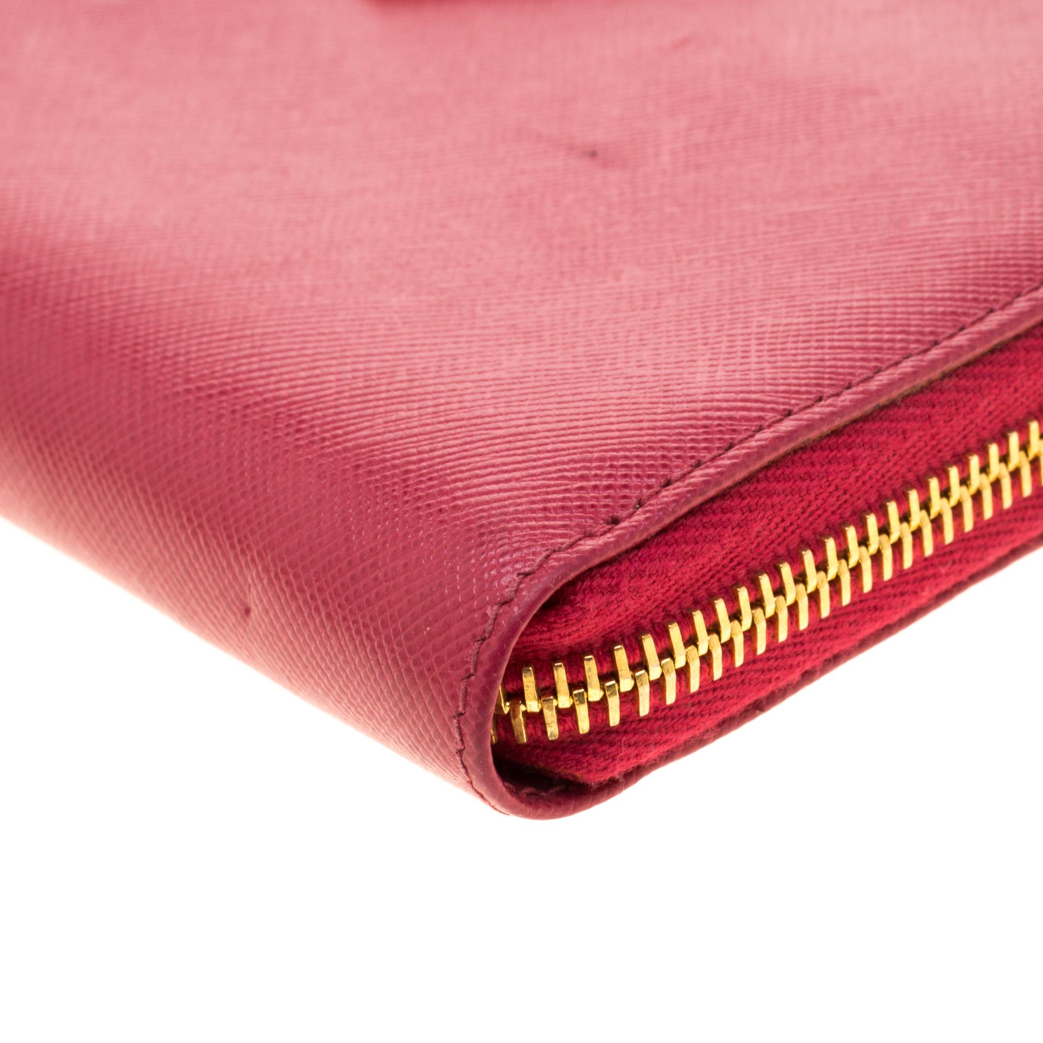 Prada Hot Pink Saffiano Leather Zip Around Wallet 2
