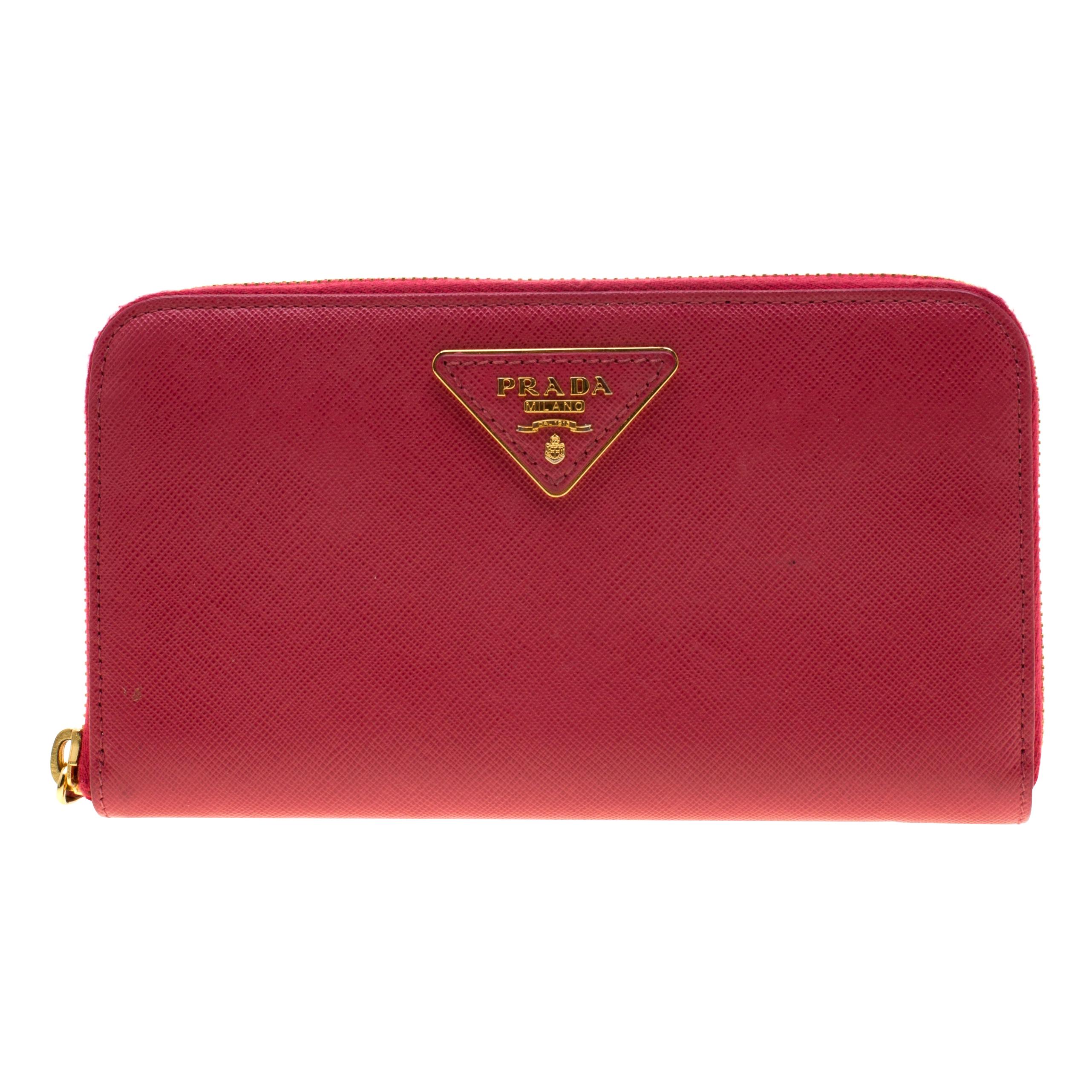 Prada Hot Pink Saffiano Leather Zip Around Wallet