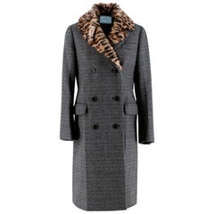 Prada Houndstooth Fur Collared Double Breasted Coat - Size US 0-2