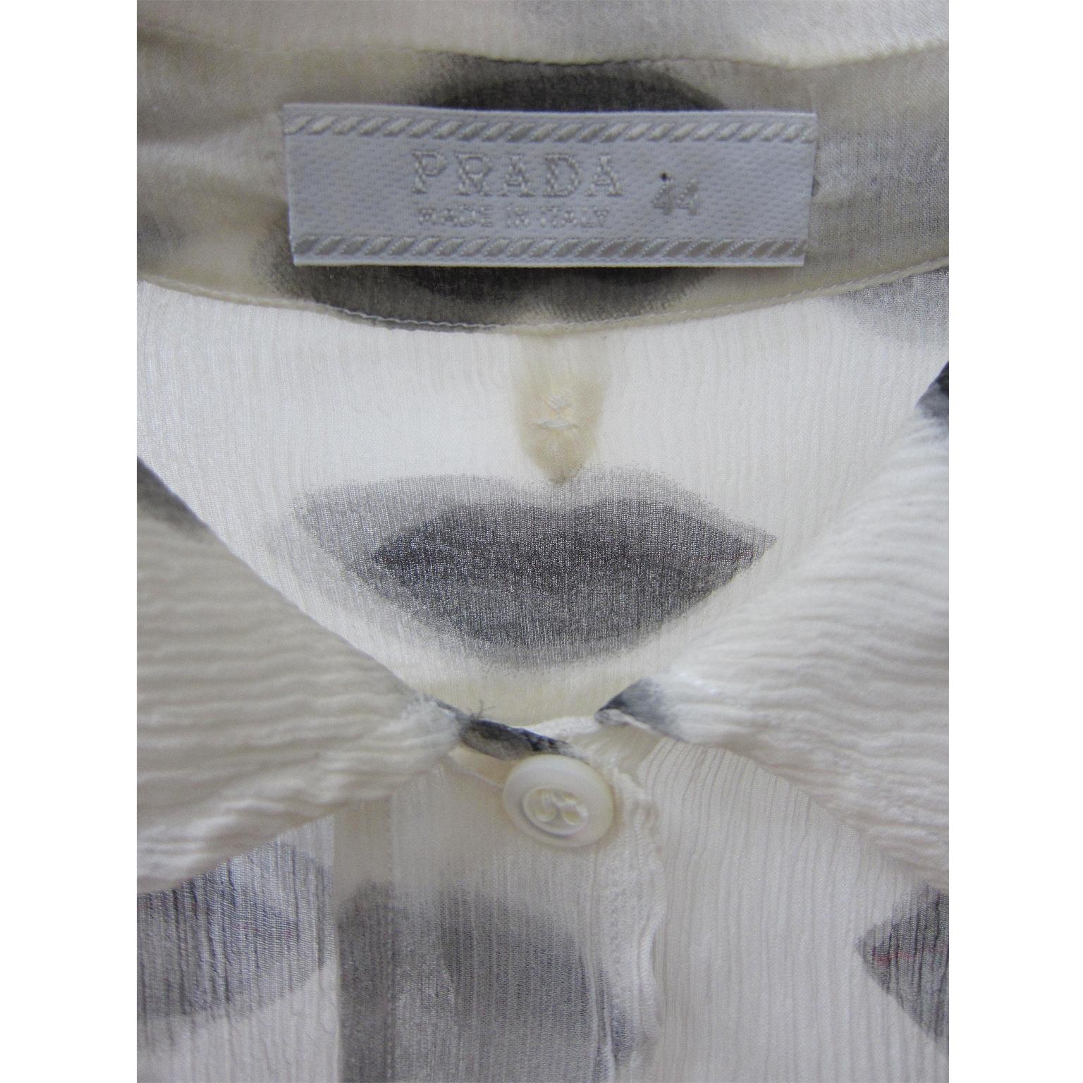 Gray Prada Iconic Lip Print Silk Blouse Top With Bow SS 2000 For Sale