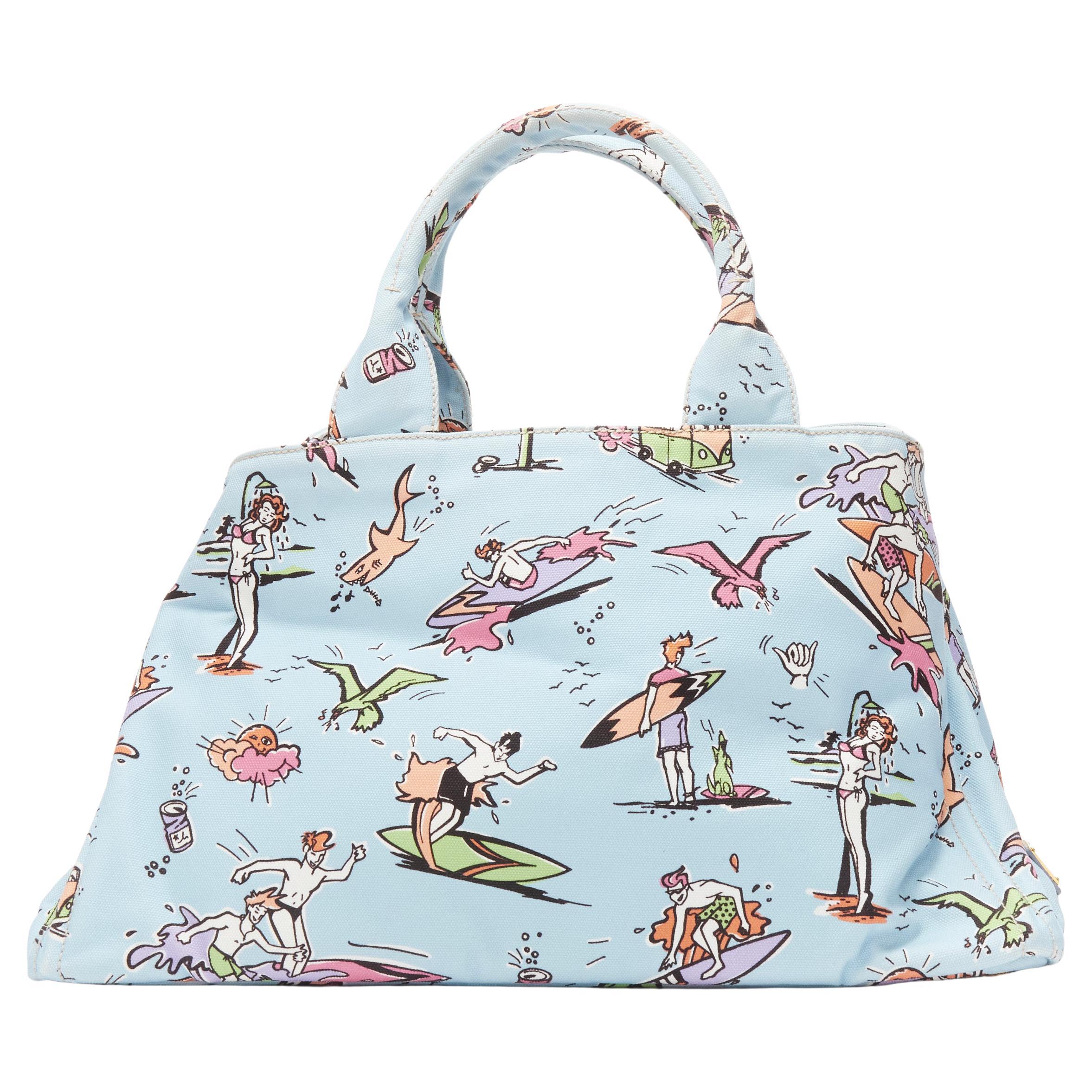 PRADA Iconic Surfer print blue canvas triangle logo seal tote bag