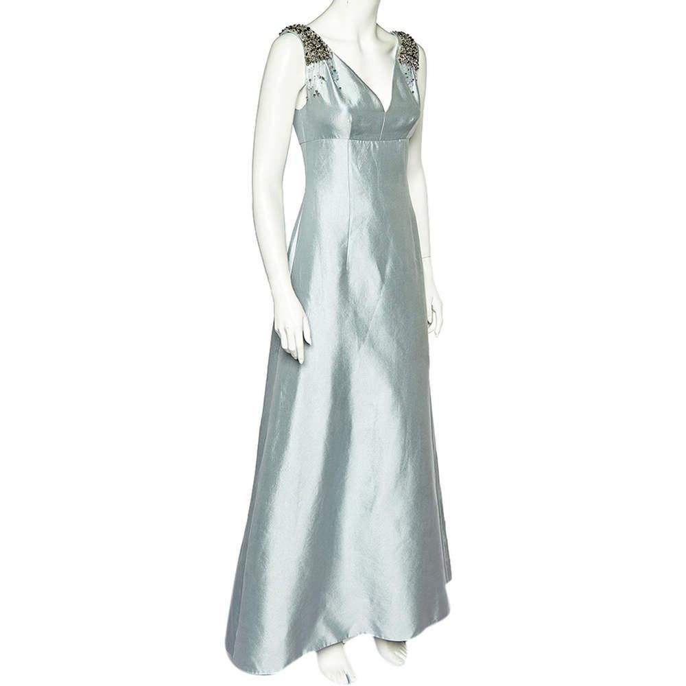 Gray Prada Icy Blue Wool & Silk Embellished Detail Sleeveless Gown S For Sale