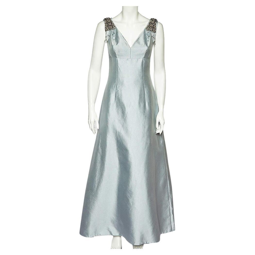 Prada Icy Blue Wool & Silk Embellished Detail Sleeveless Gown S For Sale