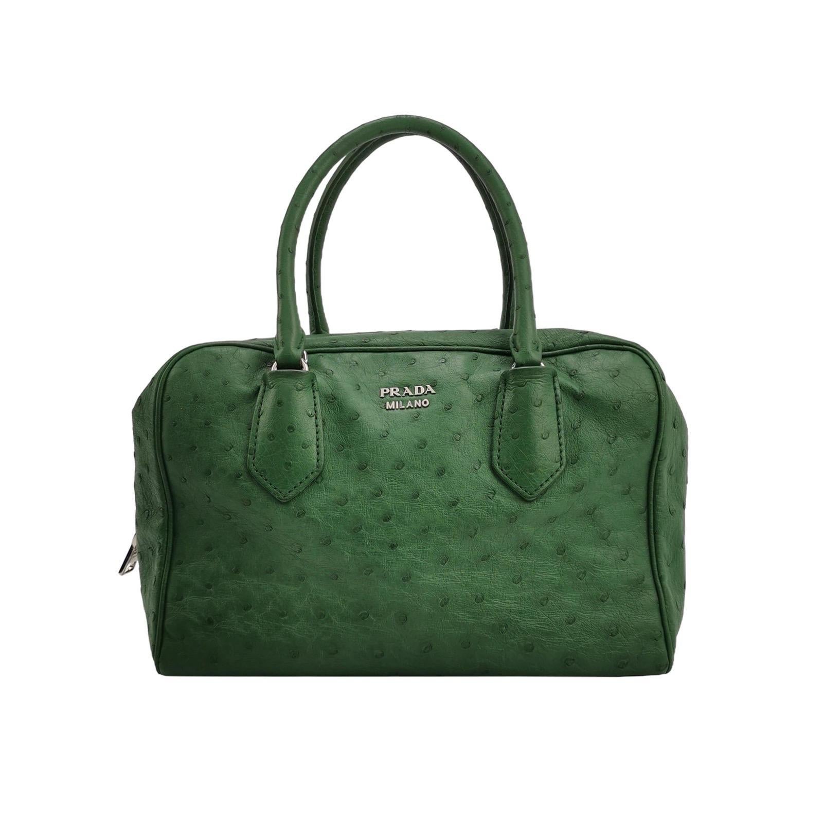 Prada Inside Bag Green Ostrich Leather Green Lambskin Leather