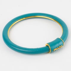 Prada Italy Blue Saffiano Leather Bangle Bracelet with Gilded Trim