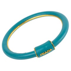 Prada Italy Blue Saffiano Leather Bangle Bracelet with Gilded Trim