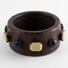 Prada Italy Cocoa Brown Ostrich Leather Jeweled Bangle Bracelet