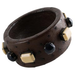 Prada Italy Cocoa Brown Ostrich Leather Jeweled Bangle Bracelet