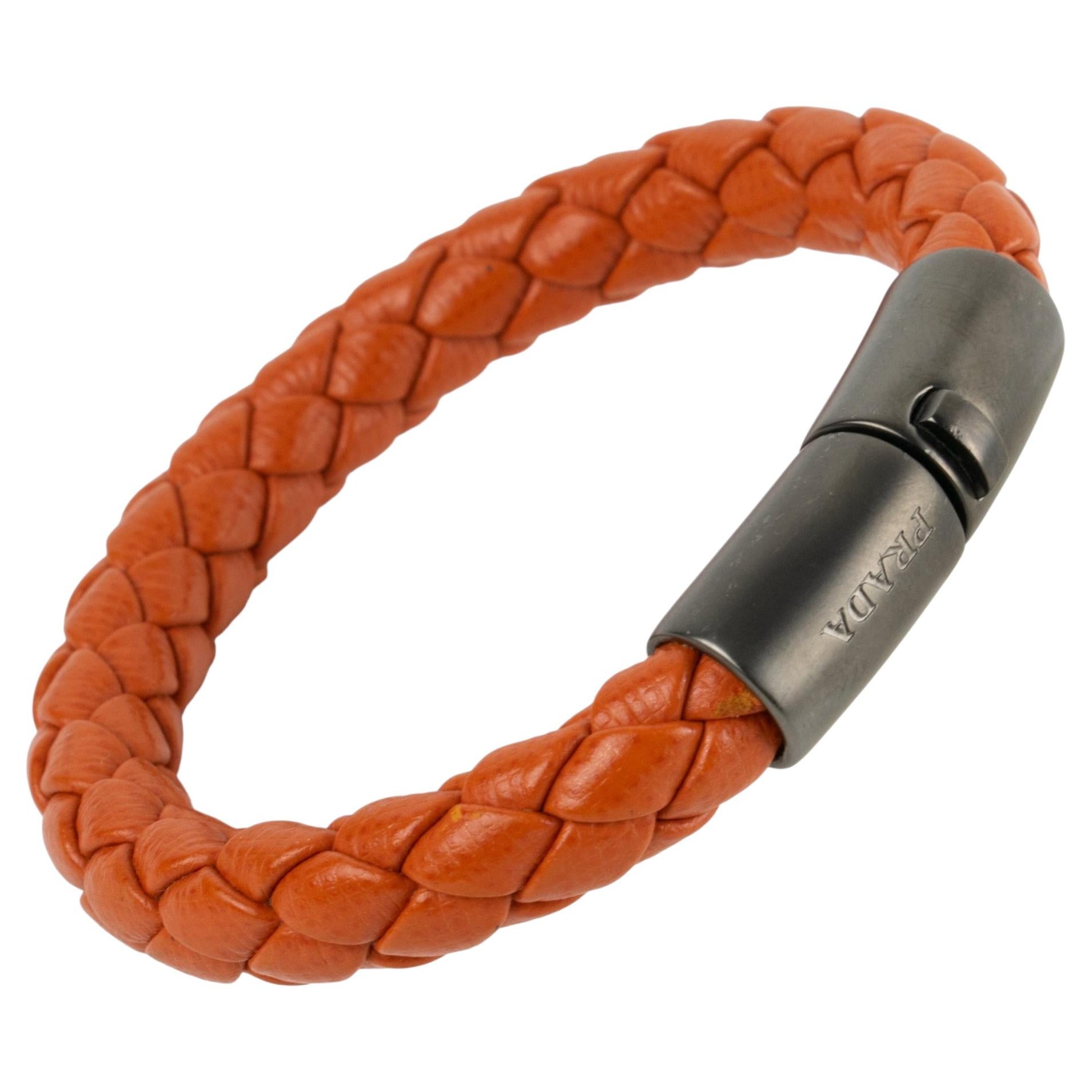Prada Italy Pumpkin Orange Braided Leather Bangle Bracelet