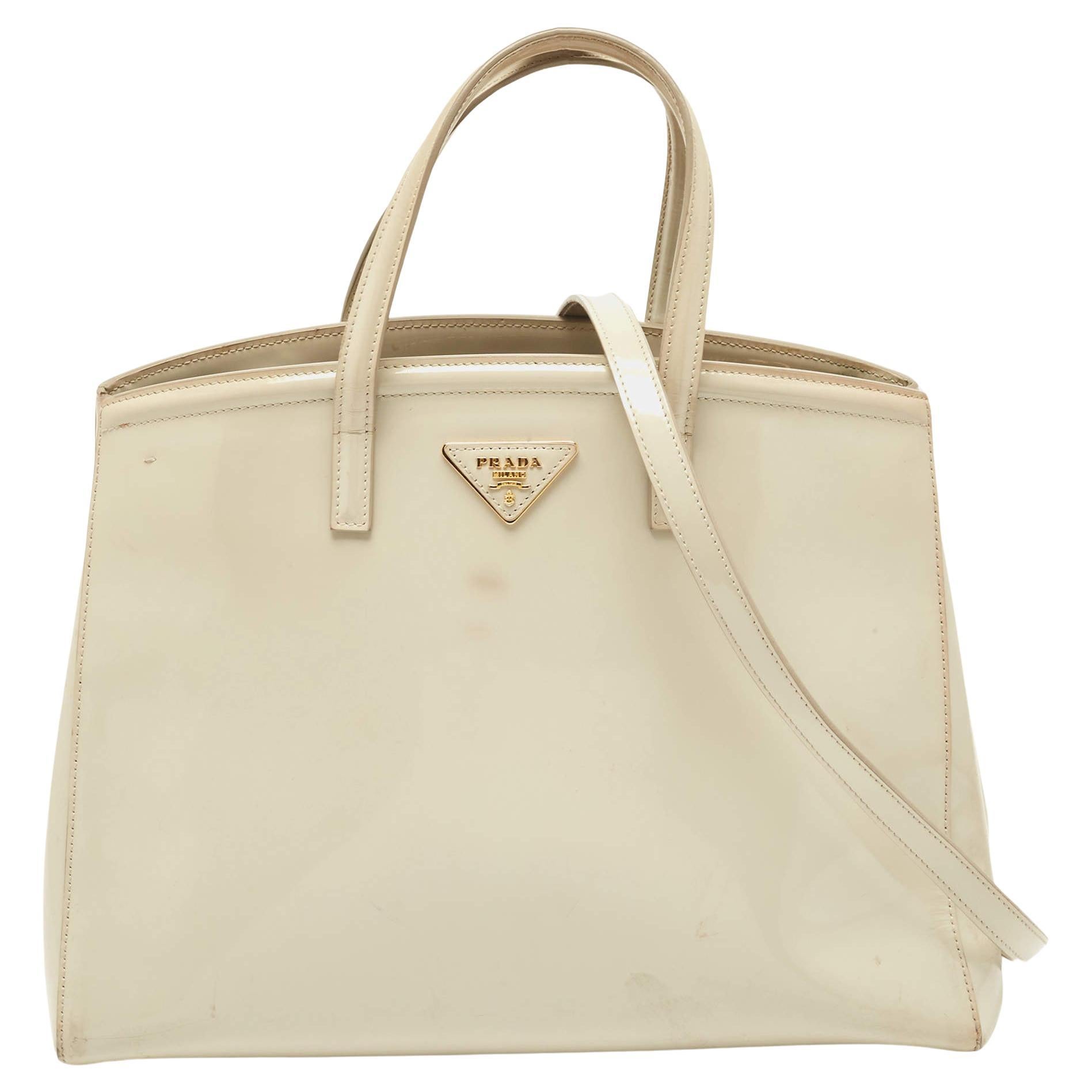 Prada Ivory Patent Leather Parabole Tote