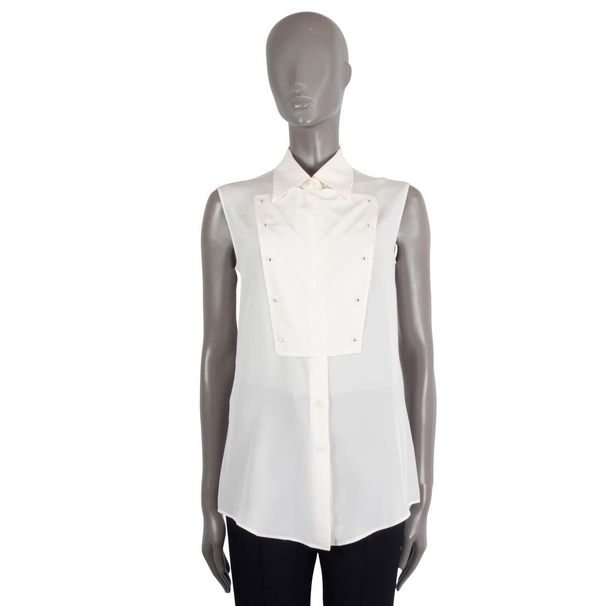 Gray PRADA ivory silk 2016 BIB FRONT SLEEVELESS CREPE Blouse Shirt S For Sale