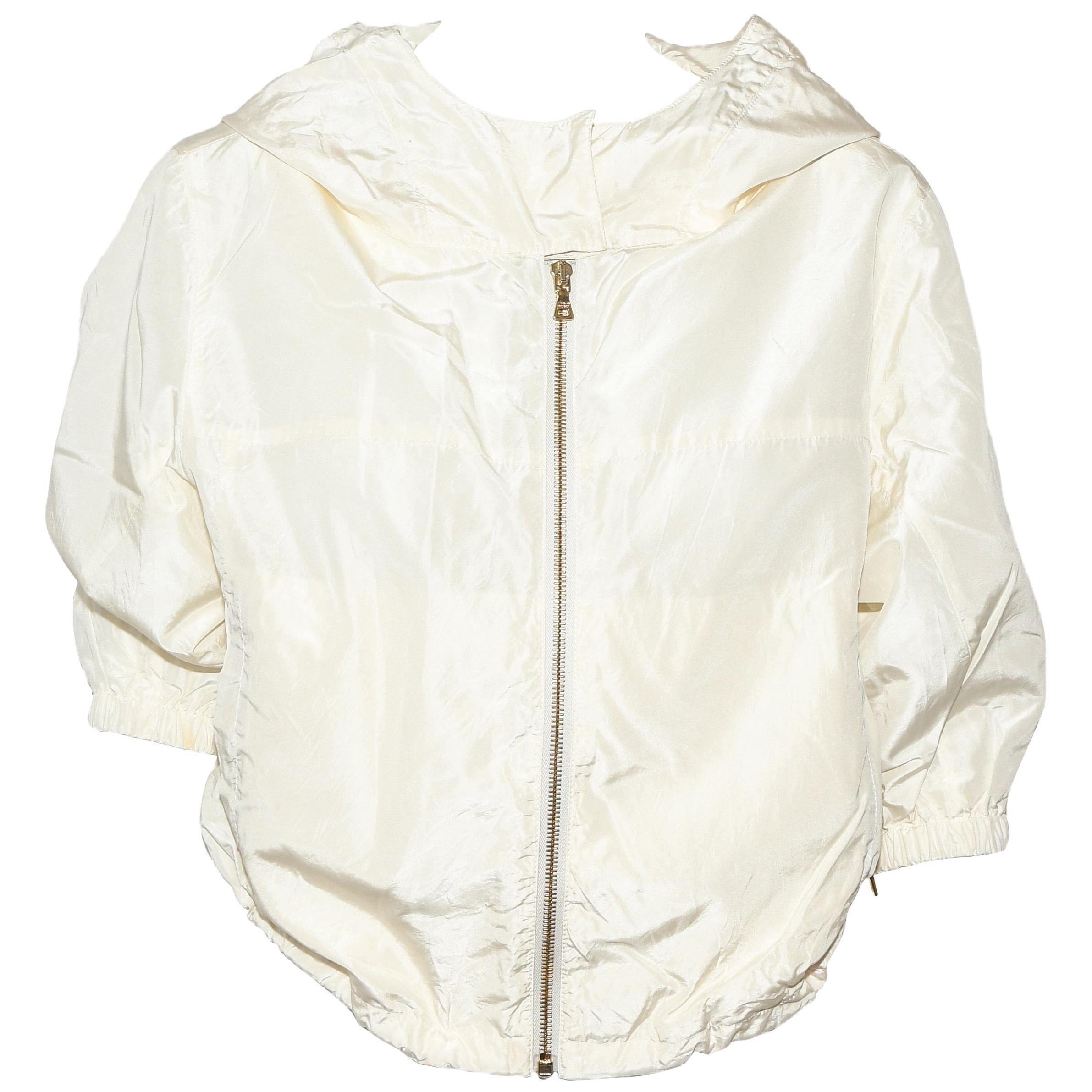 Prada Ivory Silk Blend Bomber Jacket With Hoodie & Gold Tone Zipper 42 EU For Sale