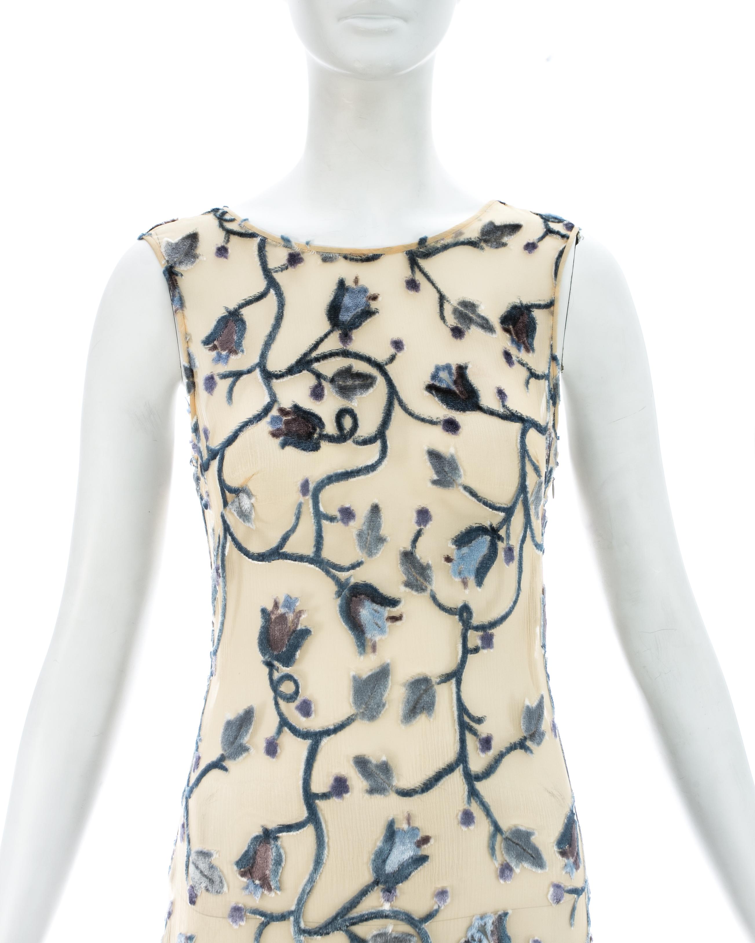 Beige Prada ivory silk devoré floral maxi dress with train and slip dress, ss 1997