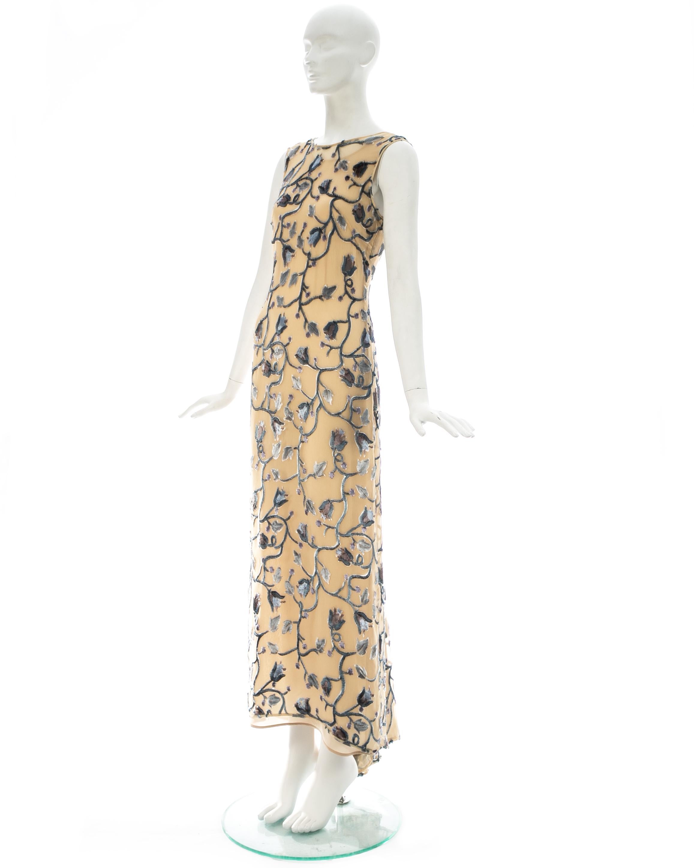 Beige Prada ivory silk devoré floral maxi dress with train and slip dress, ss 1997