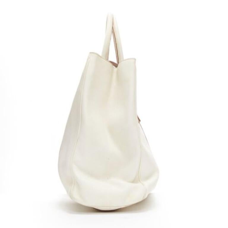 PRADA ivory white grained leather silver triangle logo buckle strap tote bag In Fair Condition For Sale In Hong Kong, NT