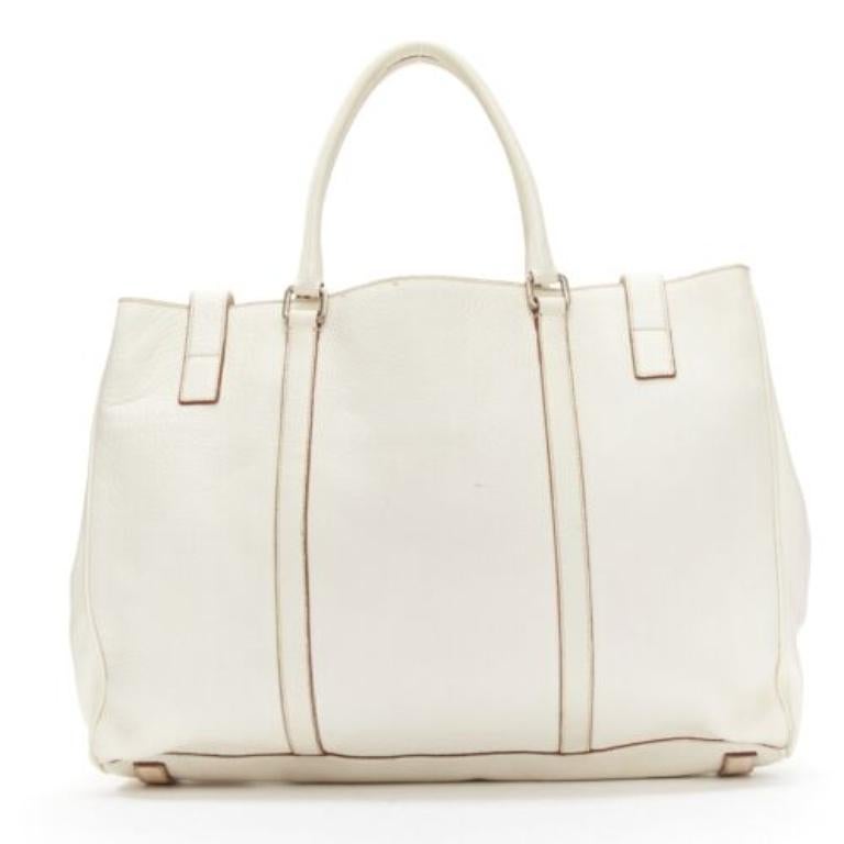 Women's PRADA ivory white grained leather silver triangle logo buckle strap tote bag For Sale