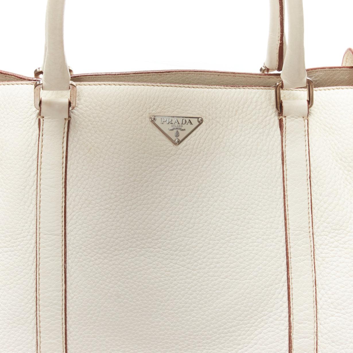 PRADA ivory white grained leather silver triangle logo buckle strap tote bag For Sale 3