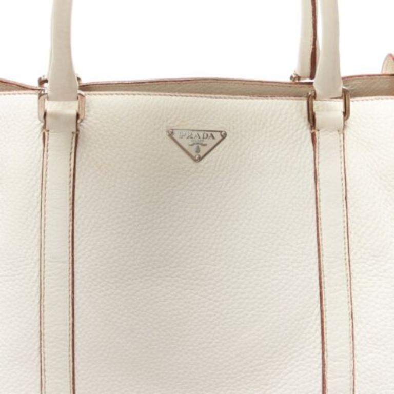 PRADA ivory white grained leather silver triangle logo buckle strap tote bag For Sale 2
