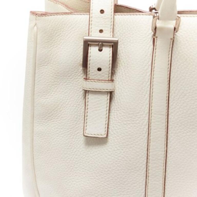 PRADA ivory white grained leather silver triangle logo buckle strap tote bag For Sale 3