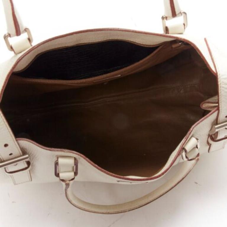 PRADA ivory white grained leather silver triangle logo buckle strap tote bag For Sale 4