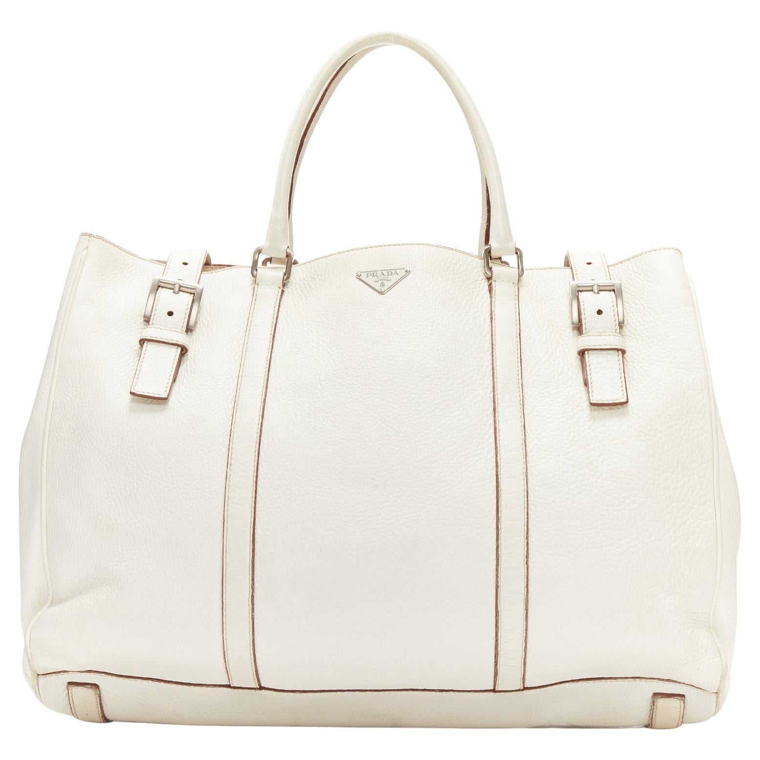 PRADA ivory white grained leather silver triangle logo buckle strap tote bag For Sale
