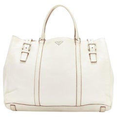 PRADA ivory white grained leather silver triangle logo buckle strap tote bag