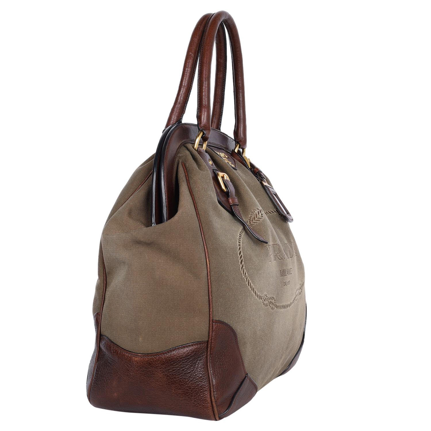 Prada Jacquard Milano Canvas Leather Shoulder Bag Brown In Good Condition In Salt Lake Cty, UT