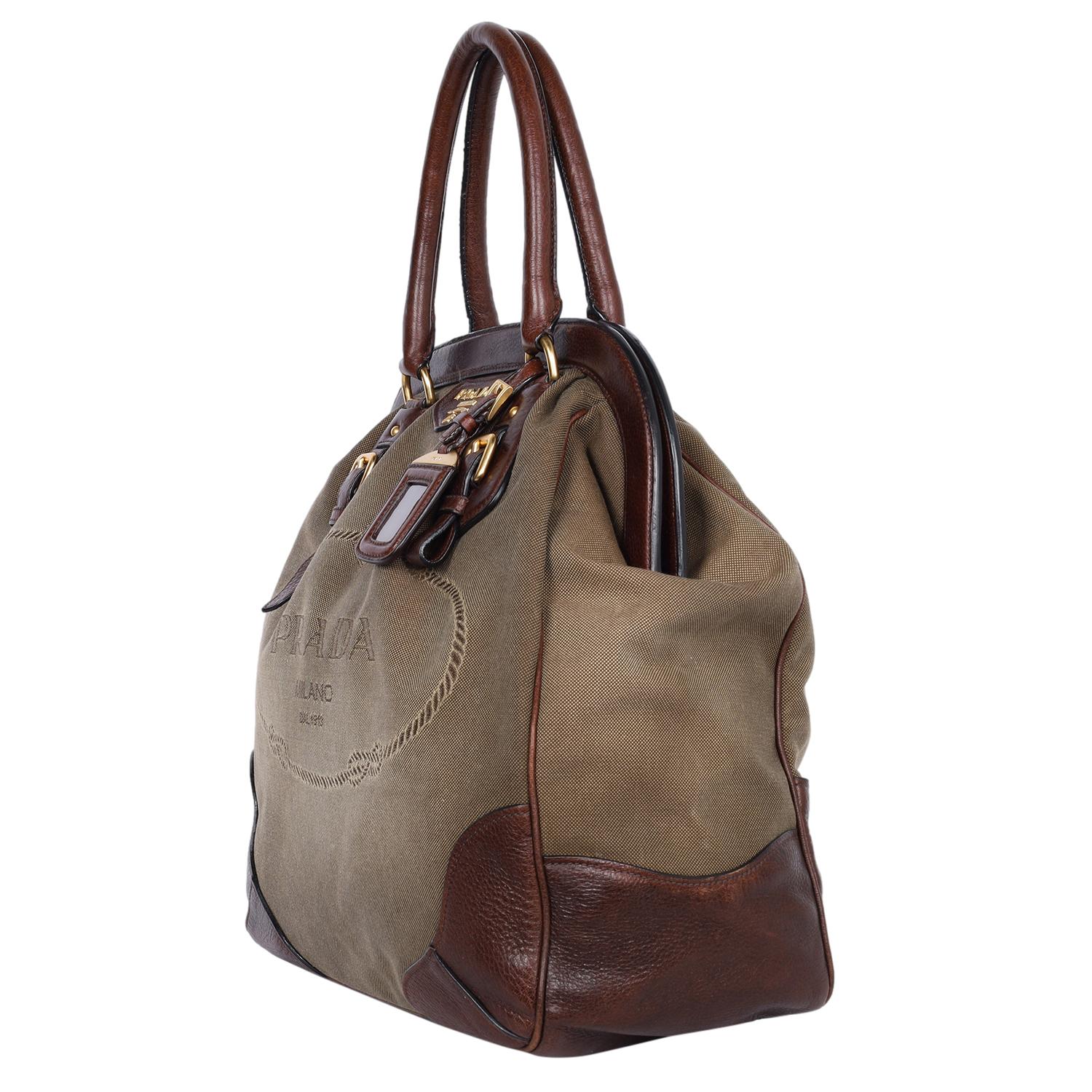 Women's Prada Jacquard Milano Canvas Leather Shoulder Bag Brown