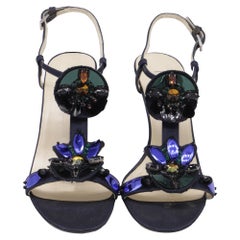 Prada Jewel-Embellished Ankle Strap Sandal Heels in Navy Blue Satin
