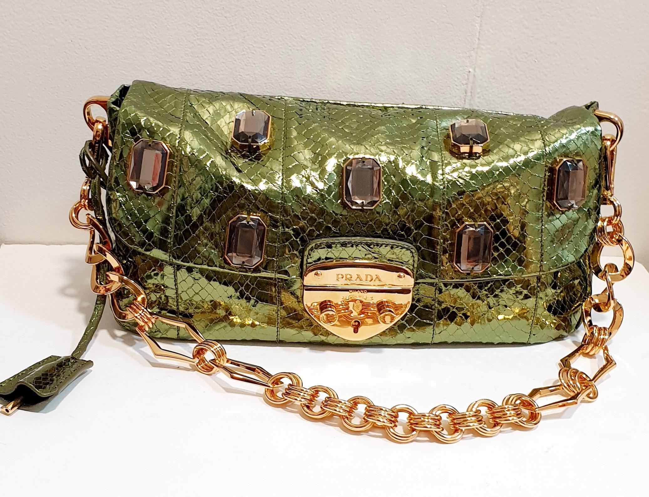 Prada Jeweled  green Phyton clutch bag
Rest of boutique stock
Never used
Original case, bag a papers 
This python leather bag comes in a simple style with embellishments on the front. 
This chic bag opens to a well-lined interior and is held by a