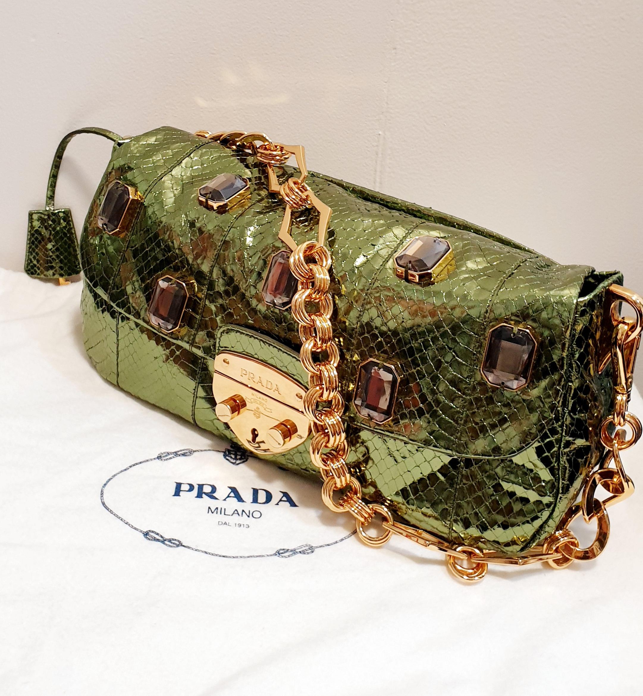 Brown Prada Jeweled  green Phyton clutch bag