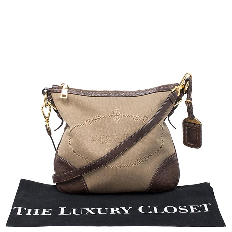 Prada Khaki/Brown Canvas and Leather Jacquard Logo Messenger Bag 3