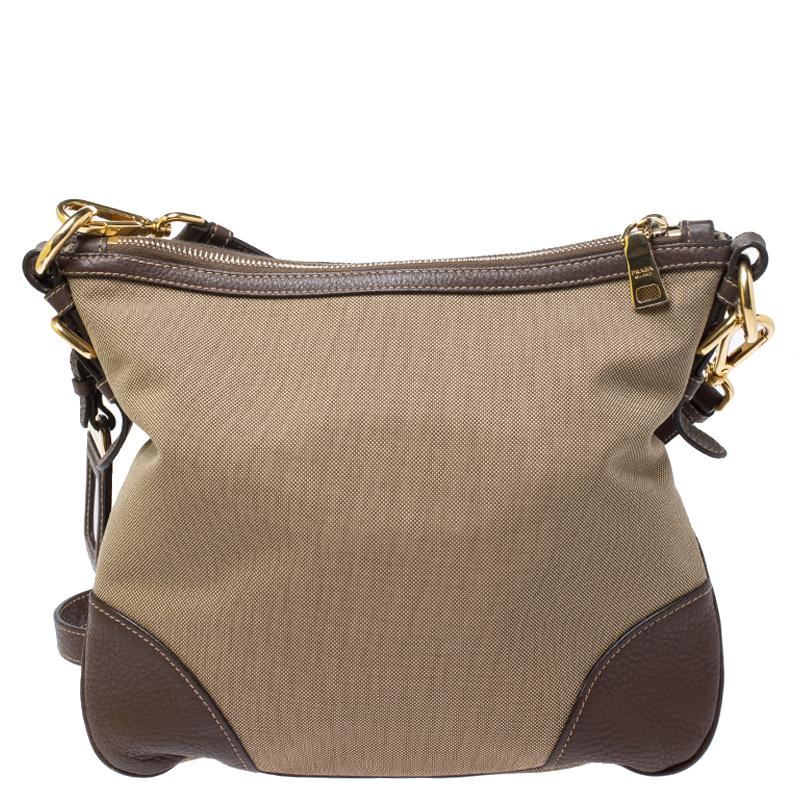 Prada Khaki/Brown Canvas and Leather Jacquard Logo Messenger Bag 1