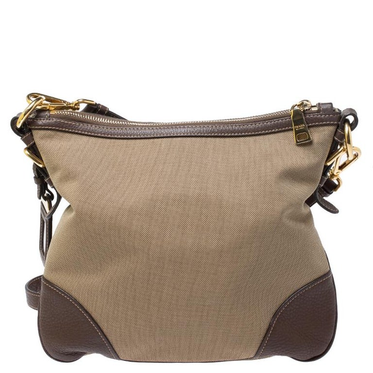 Prada Khaki/Brown Canvas and Leather Jacquard Logo Messenger Bag For ...