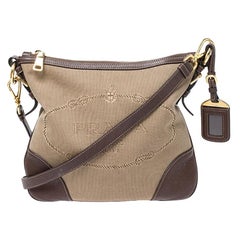 Prada Khaki/Brown Canvas and Leather Jacquard Logo Messenger Bag