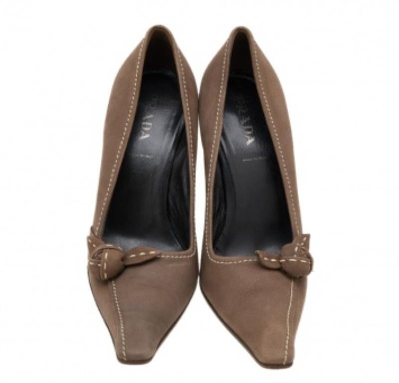 Beige Prada Khaki Brown Stitch Leather Knot Pointed Toe Pumps Size 37.5 For Sale
