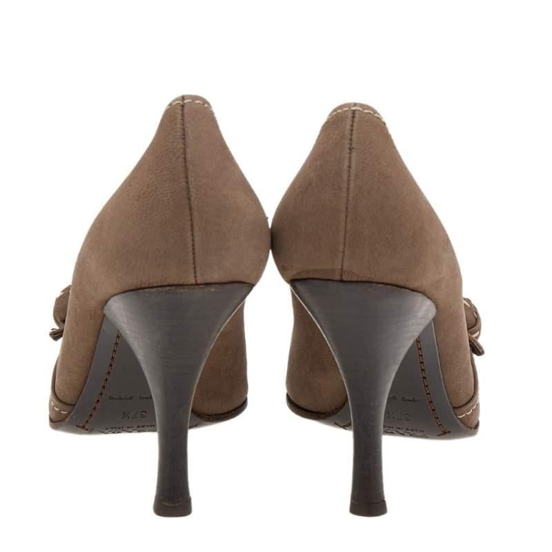 Beige Prada Khaki Brown Stitch Leather Knot Pointed Toe Pumps Size 37.5 For Sale