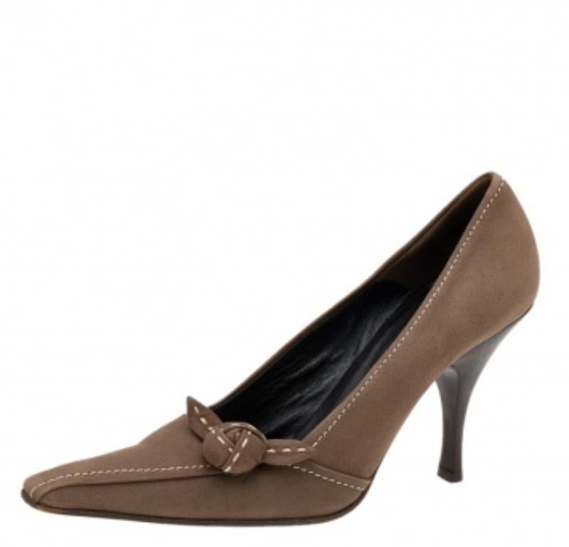 Women's Prada Khaki Brown Stitch Leather Knot Pointed Toe Pumps Size 37.5 For Sale