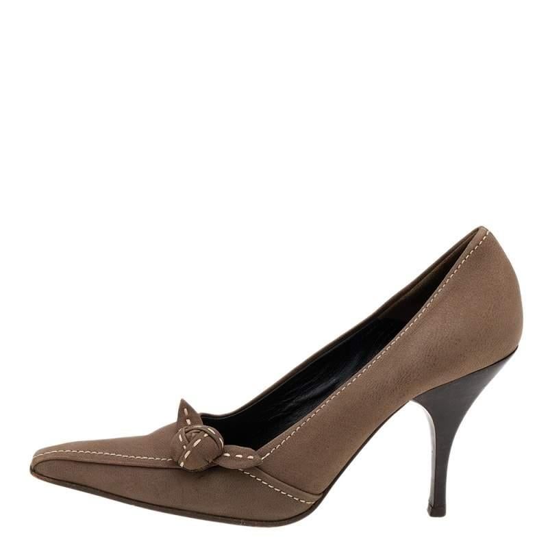 Prada Khaki Brown Stitch Leather Knot Pointed Toe Pumps Size 37.5 For Sale 1