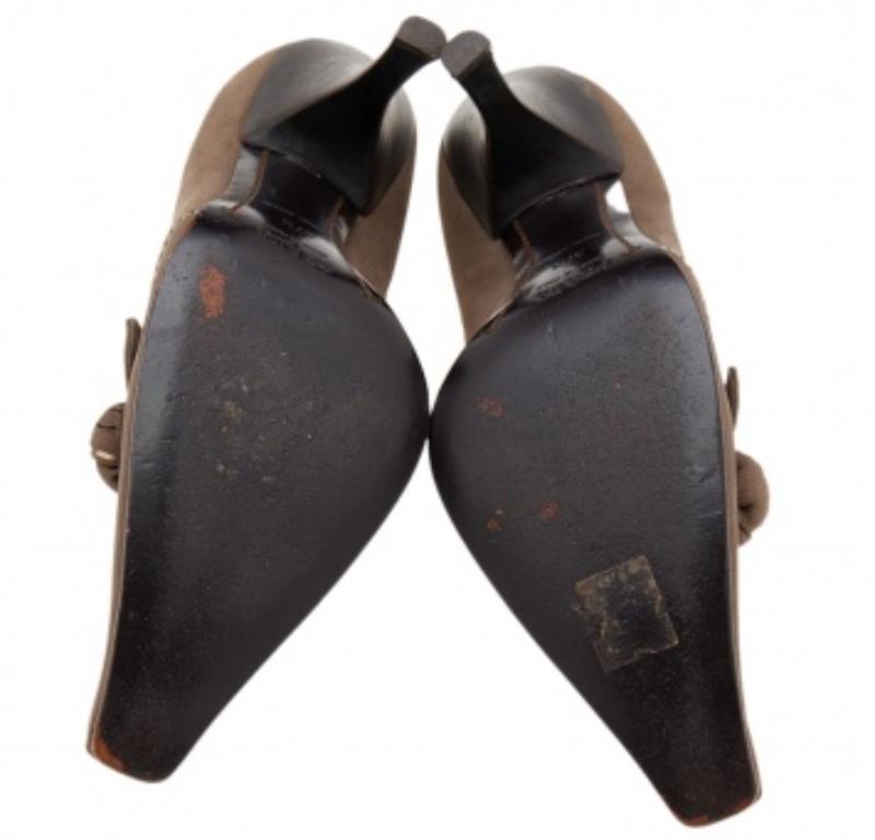 Prada Khaki Brown Stitch Leather Knot Pointed Toe Pumps Size 37.5 For Sale 2