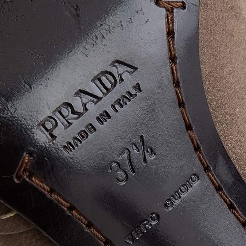 Prada Khaki Brown Stitch Leather Knot Pointed Toe Pumps Size 37.5 For Sale 2
