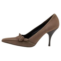 Prada Khaki Brown Stitch Leather Knot Pointed Toe Pumps Size 37.5