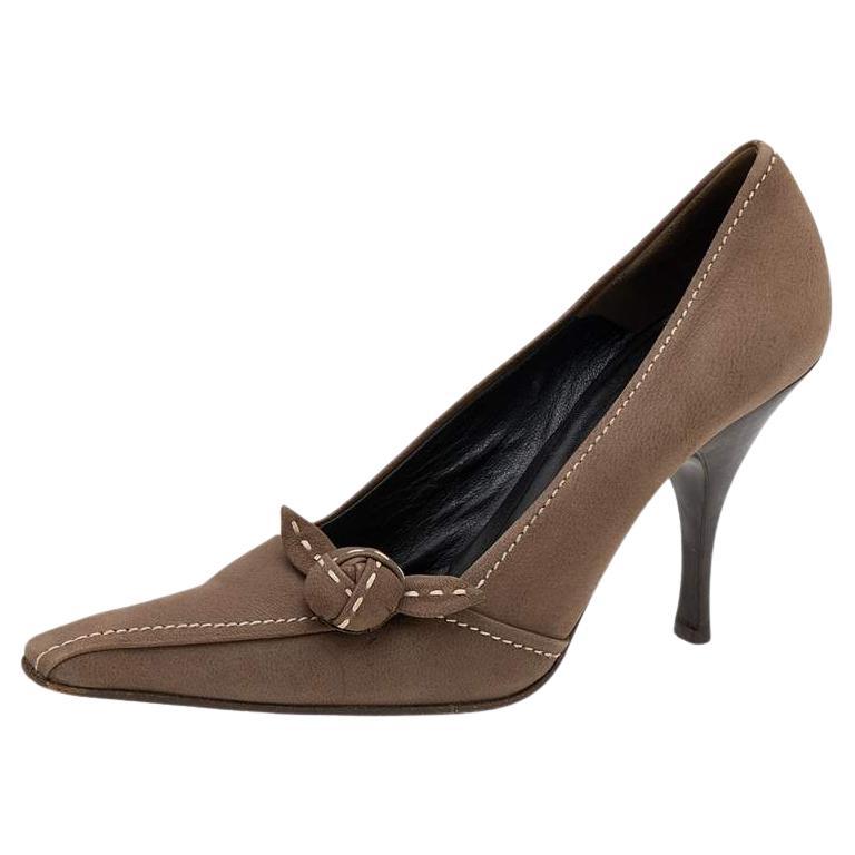 Prada Khaki Brown Stitch Leather Knot Pointed Toe Pumps Size 37.5 For Sale