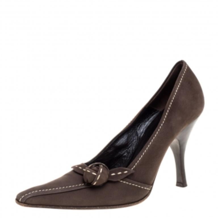 Prada Khaki Brown Stitch Nubuck Leather Knot Pointed Toe Pumps Size 36 For Sale 1