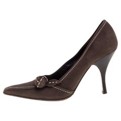Prada Khaki Brown Stitch Nubuck Leather Knot Pointed Toe Pumps Size 36