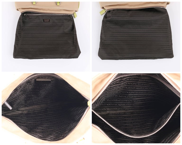 PRADA Khaki Canapa Canvas & Chartreuse Green Leather Tote Bag Purse For Sale 1